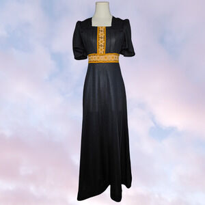Vtg 60s Mona Black Yellow Crochet Cottage Mod Retro Empire Waist Dress Sz XS